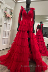 Red Long Semi Formal Prom Dresses Princess A Line V Neck Party Evening Dresses with Ruffles